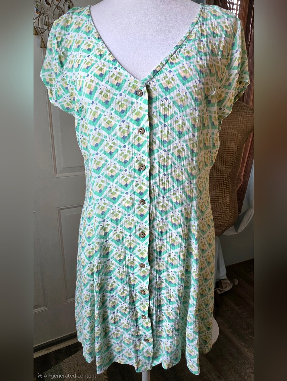 O'Neill Matilda Short Skater Mini Dress Womens M Mint White Geometric Button Dow